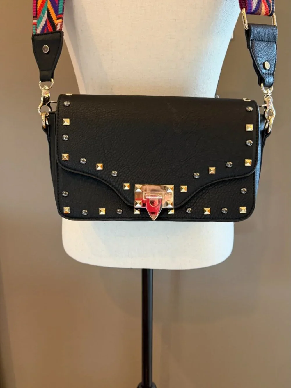 Black Leather Studded Boho Bag with Colorful Guitar Style Adjustable Strap